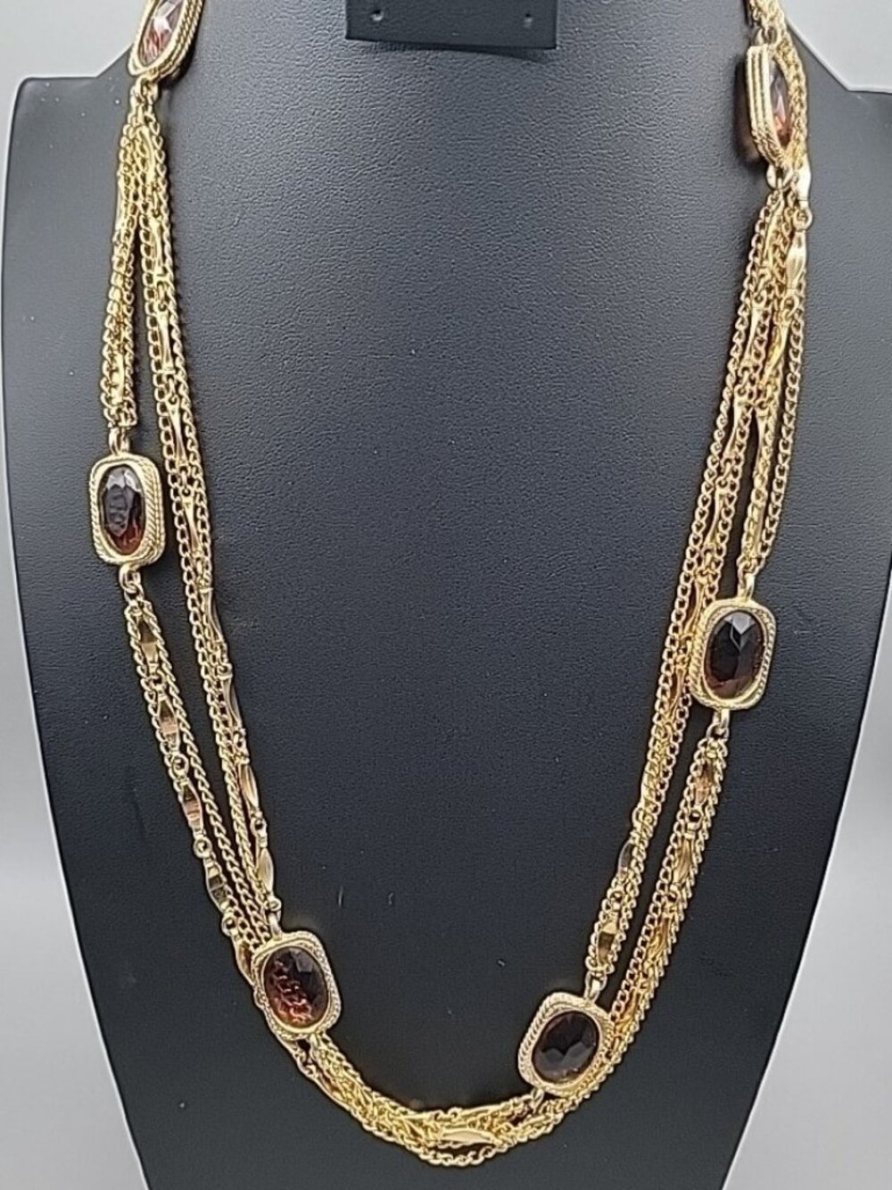 VTG Sarah Coventry Golden Embers Necklace Faux Amber Station 52" Opera Style